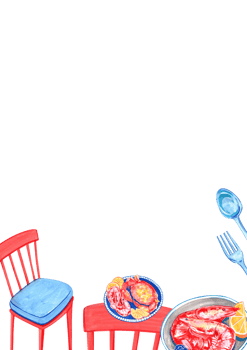 Red chair, steamed and baked seafood, lemon shrimp, spoon, and fork, hand-drawn watercolor frame design png