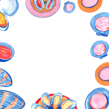Scallops, oysters, and spaghetti with mussels, hand-drawn watercolor frame design png