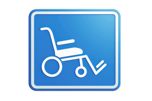 Blue square accessibility sign featuring a white wheelchair icon, symbolizing accessible facilities and inclusive services for disabled people. png