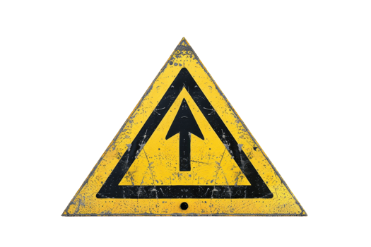 Close-up of a weathered triangular yellow roadside sign with a black upward arrow indicating direction. Isolated on transparent background. png