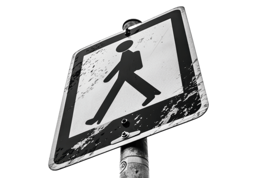 Close-up of a worn pedestrian crossing sign with a cloudy background, depicting urban decay and street safety concerns. png