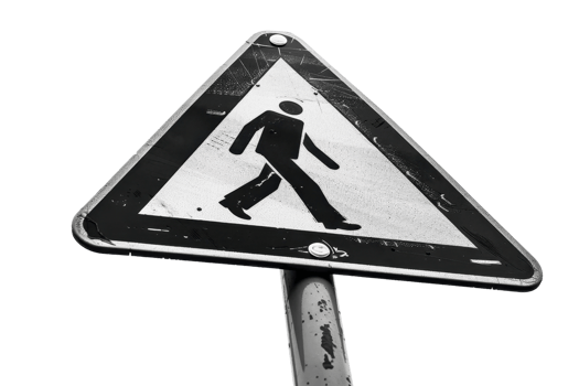 Close-up of a worn pedestrian crossing sign with a triangular shape, featuring a walking person icon, isolated on a transparent background. png