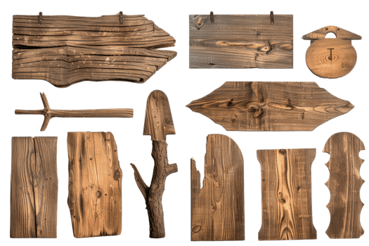 Collection of rustic wooden signs of various shapes and sizes, isolated on a transparent background. perfect for decoration or signage purposes. png
