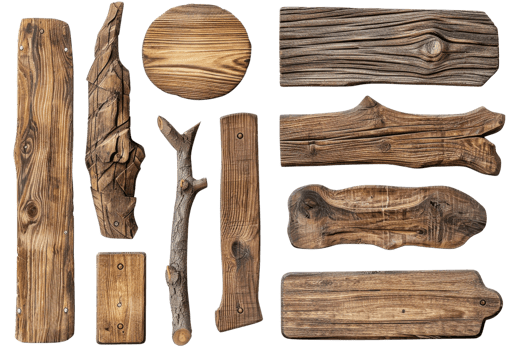 Collection of isolated wooden signs and planks in various shapes, ideal for rustic decor, crafting, or design projects. png