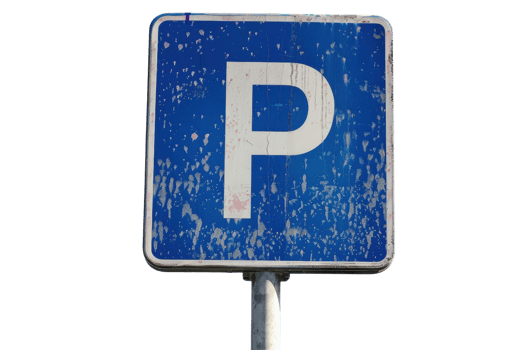 Rustic blue parking sign with large white letter P. Weathered appearance, symbol for designated parking areas or spots. png