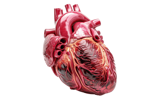 Detailed anatomical model of a human heart isolated on a transparent background. showcasing intricate vein and artery structure. png