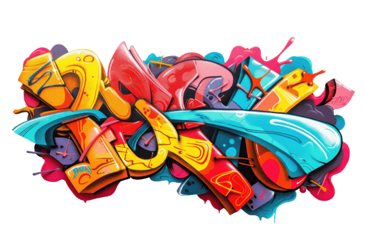 Vibrant street art graffiti mural combining bold colors and fluid shapes, symbolizing urban creativity and expression. png