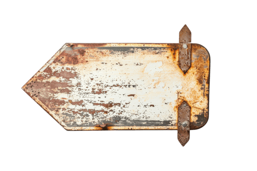 Vintage rusty metal arrow sign isolated on transparent background. Weathered and distressed industrial signage pointing direction. Grunge retro style. png
