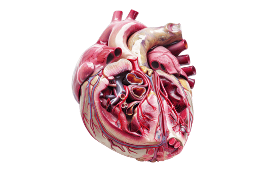 Detailed anatomical model of the human heart showcasing intricate cardiovascular structures, ideal for educational and medical purposes. png