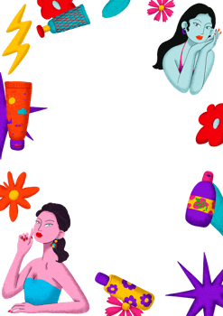 Vertical frame woman and cosmetics, digital painting with cartoon lines, bright colors in a pop art style png