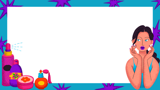 Horizontal frame woman and cosmetics, digital painting with cartoon lines, bright colors in a pop art style png
