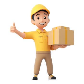 3d delivery man holding a box and giving a thumbs up png