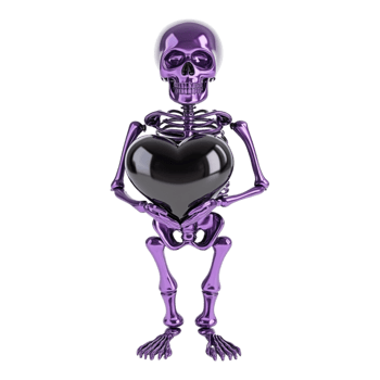 Purple Human Skeleton Holding black Heart against transparent background for Romantic Occasions png
