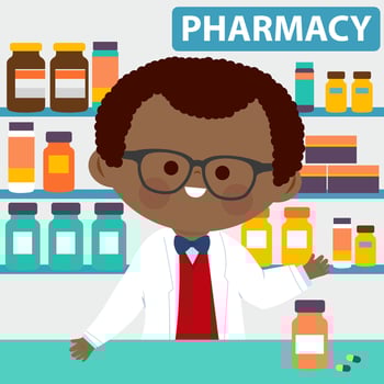 Pharmacist at the counter in a pharmacy opposite of shelves with medicines. Male pharmacy professional at drugstore with prescription medicine. vector