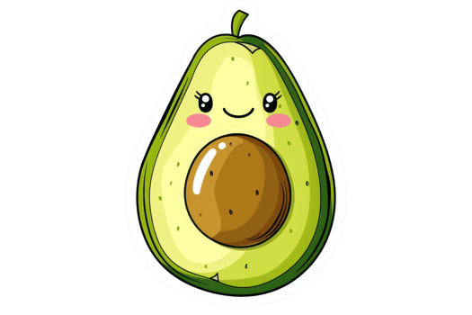 Cute cartoon avocado with a smiling face and rosy cheeks, isolated on a transparent background. Perfect for illustrations and food-related designs. png