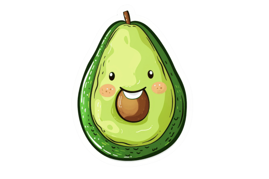 Cute cartoon avocado with a smiling face, showcasing vibrant green and brown colors. Perfect for food, health, and lifestyle visuals. png