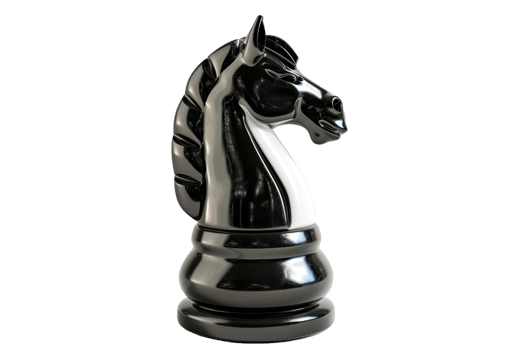 Shiny black knight chess piece isolated against transparent background. symbolizing strategic gameplay and competition in a classic board game. png