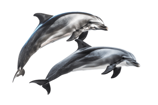 Two dolphins swimming together against a transparent background. showcasing their sleek bodies and playful nature, perfect for marine life imagery. png