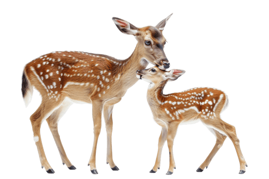 A tender moment between a mother deer and her fawn, showcasing the bond of wildlife in nature. png