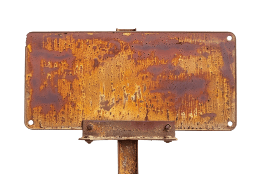 Close-up of a rusty old metal sign showing signs of wear and aging, isolated on a transparent background. png