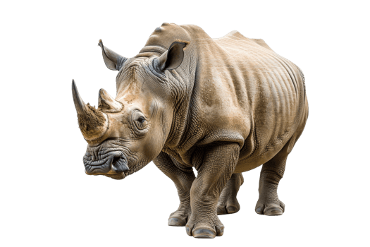 Close-up of a powerful rhinoceros standing with a detailed display of its thick skin and large horn on a transparent background. png
