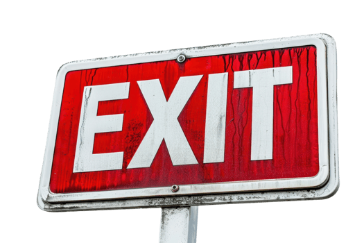 Close-up of a red and white exit sign, isolated on transparent background. Sign shows signs of weathering and aging. png