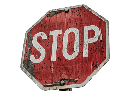Close-up of a weathered and rusty stop sign with a red background and white lettering, showing signs of age and wear. png