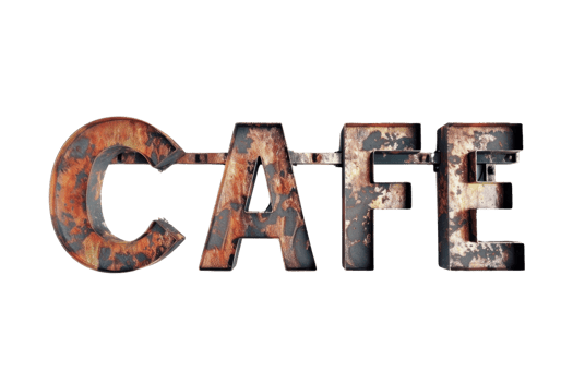 Rustic metallic cafe sign with worn texture, isolated on a transparent background. Perfect for vintage-themed designs and advertising. png
