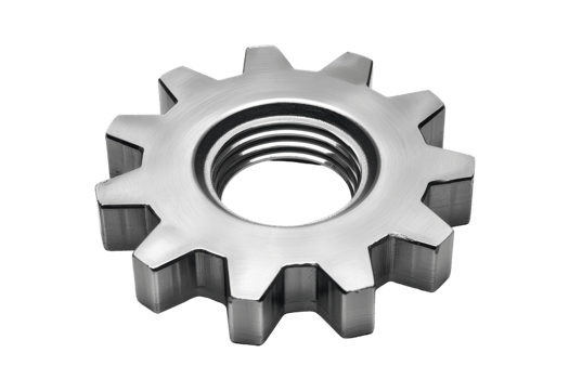 High-quality image of a shiny metal gear with precision-cut teeth, isolated on a transparent background. Ideal for industrial and mechanical themes. png