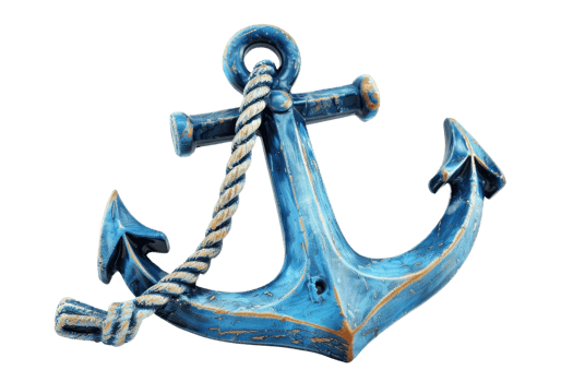 A realistic vintage blue anchor with a rope, isolated on a transparent background. Perfect for nautical-themed designs and maritime illustrations. png