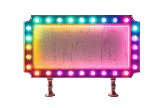 Colorful vintage marquee sign with glowing light bulbs, perfect for theater, cinema, or retro advertising. Bright and eye-catching design. png