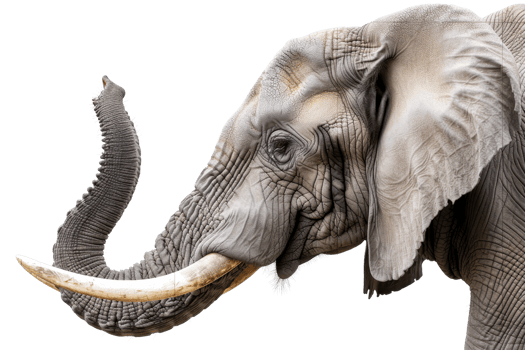 Close-up of a majestic African Elephant with detailed wrinkled skin and large tusks, isolated on a transparent background. png