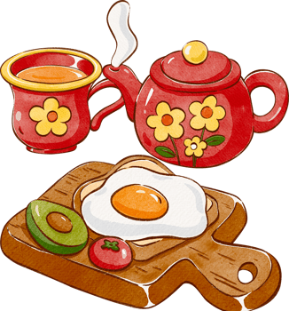 cute egg toast topped with tomato and avocado on a wooden cutting board, with a red teapot and teacup featuring a yellow floral pattern, american breakfast, hand-drawn watercolor illustration png