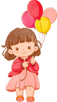 A cheerful girl walking with a colorful balloon in her hand, showcasing a joyful spirit, hand-drawn watercolor painting illustration png