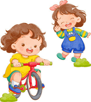 A short-haired girl with a pink bow waves hello to a girl in a yellow shirt riding a red bicycle, hand-drawn watercolor painting illustration png