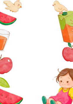 A girl sits comfortably surrounded by fruits like watermelon, apples, and orange juice, with birds around her, hand-drawn watercolor painting frame design png