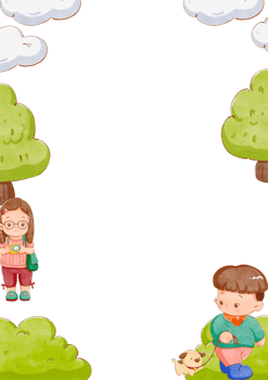 A girl with long hair and glasses stands taking a photo while a boy walks a dog next to a large tree, hand-drawn watercolor painting frame design png