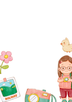 A long-haired girl wearing glasses stands taking photos, with birds flying by, holding a camera and a polaroid picture, surrounded by blooming pink flowers, hand-drawn watercolor painting frame design png