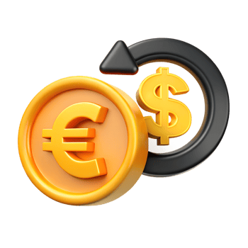 Dollars and euro conversion 3d illustration. Currency exchange concept. Design element for fintech app png