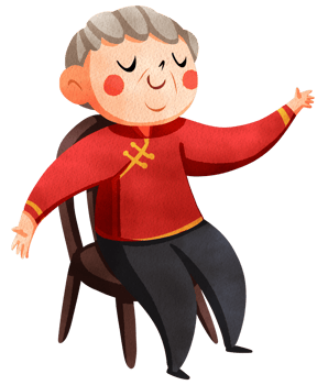 An elderly man sits in a chair, happily raising his hand with a warm smile. His joyful expression radiates a feeling of contentment and peace, hand-drawn watercolor painting illustration png