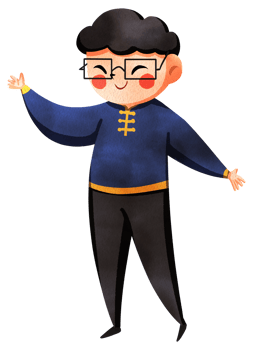 A happy man wearing glasses is raising his hand while talking with a smile, hand-drawn watercolor painting illustration png
