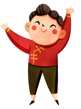 A happy boy in a blue Chinese outfit is raising his hand, smiling brightly, hand-drawn watercolor painting illustration png