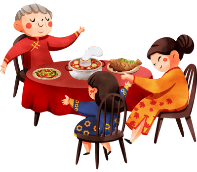 Chinese father, mother, and child enjoying a dinner of Chinese food at a dining table covered with a red tablecloth, hand-drawn watercolor painting illustration png