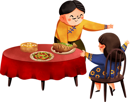 A Chinese grandfather and granddaughter about to hug before dinner at a wooden table with a red tablecloth, filled with various Chinese dishes, hand-drawn watercolor painting illustration png
