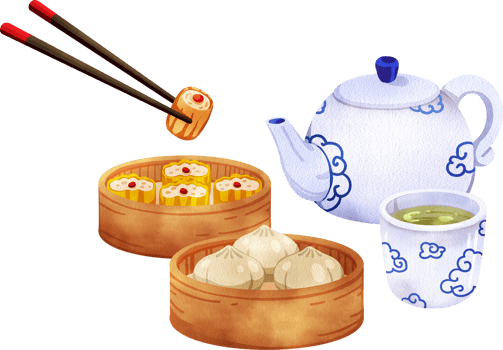 A set of dim sum steamers paired with a white porcelain tea set with blue patterns in Chinese style, hand-drawn watercolor painting illustration png