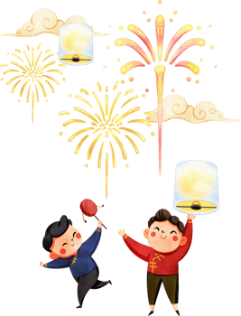 Two Chinese children are running and playing under fireworks and sky lanterns, hand-drawn watercolor painting illustration png
