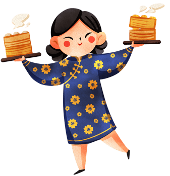 A happy woman in a blue Chinese dress is holding up two trays of food, hand-drawn watercolor painting illustration png