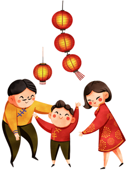 A Chinese father, mother, and child are happily playing together under the glow of Chinese-style lanterns, hand-drawn watercolor painting illustration png
