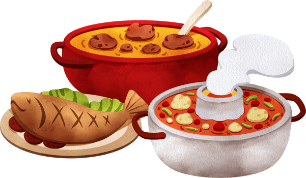 Meat soup in a red pot, fried fish, and malatang soup in a hot pot on a dining table, hand-drawn watercolor painting illustration png