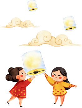 Chinese siblings are together releasing a sky lantern, floating among the clouds, hand-drawn watercolor painting illustration png